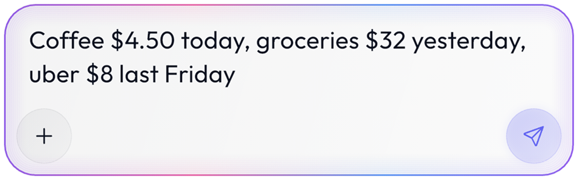 AI transaction input: Coffee $4.50 today, groceries $32 yesterday, uber $8 last Friday