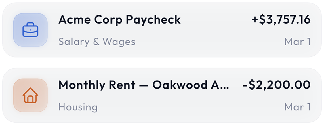 Recent transactions including Acme Corp paycheck and monthly rent
